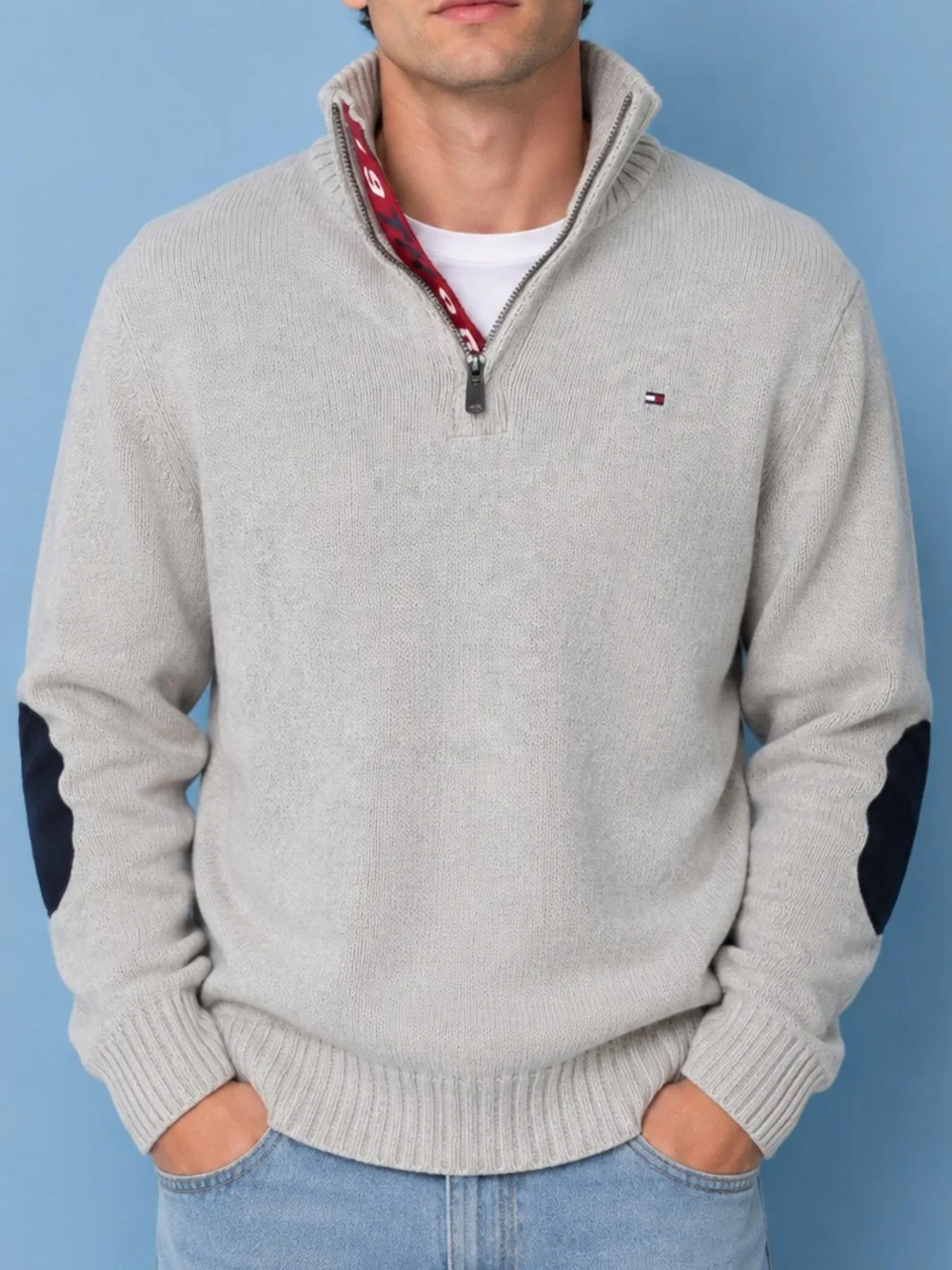 Tommy Hilfiger kids large Light Gray Half-Zip Sweater with Navy Elbow Patches